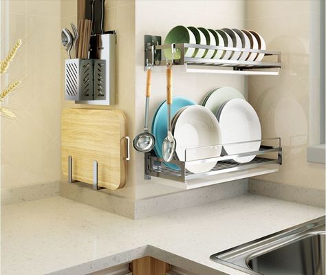 Multifunction Stainless Steel Plate Rack / Wall Dish Drying Rack S - Shaped Design