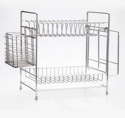 Double Tier Kitchen Dish Drying Shelf With Cutlery Holder And Chopstick Holder