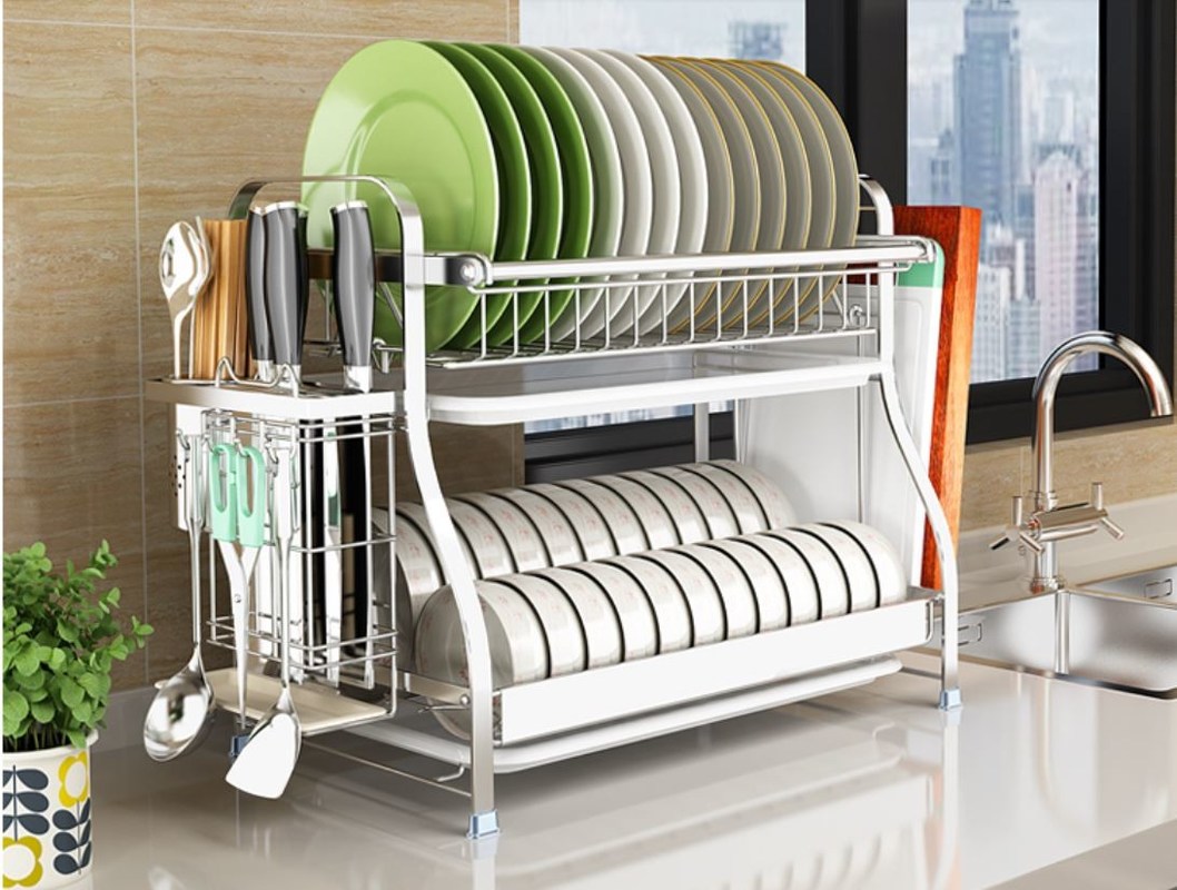 Dish Drainer Drying Stainless Steel Storage Racks On Wheels With Cutlery Holder And Cup Holder