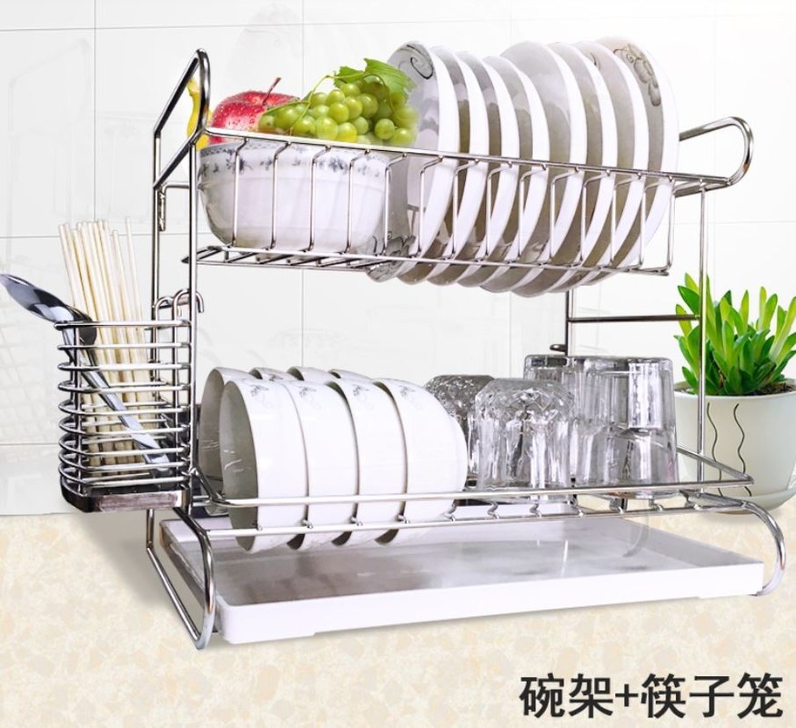 Stainless Steel Dish Drainer Kitchen Wire Baskets With Cutting Board Holder 2 Tier